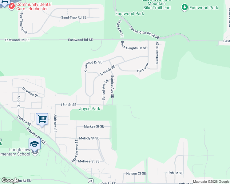 map of restaurants, bars, coffee shops, grocery stores, and more near 1412 Sunrise Drive Southeast in Rochester