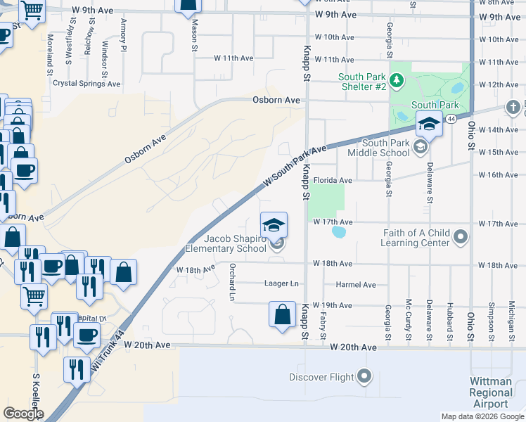 map of restaurants, bars, coffee shops, grocery stores, and more near 1051 West South Park Avenue in Oshkosh