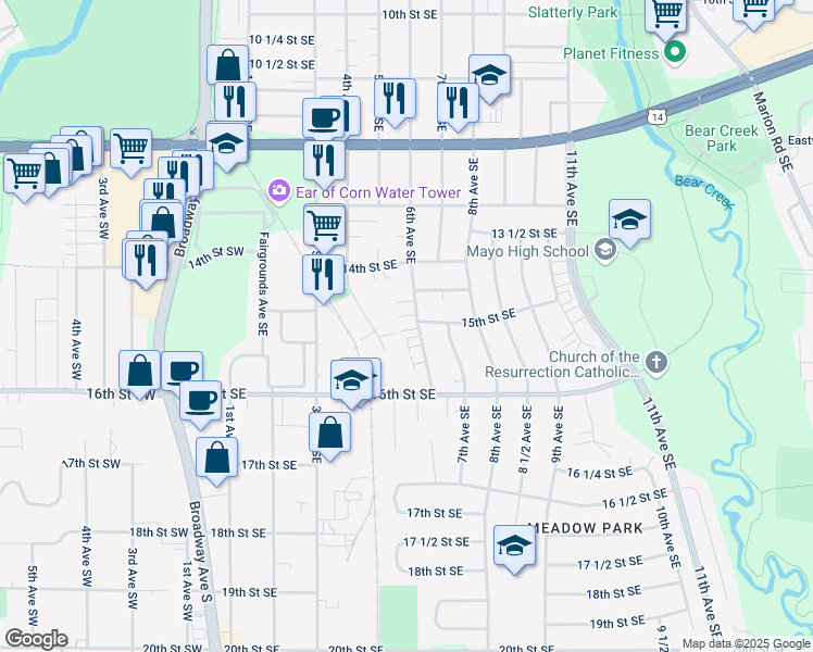 map of restaurants, bars, coffee shops, grocery stores, and more near 1457 6th Avenue Southeast in Rochester