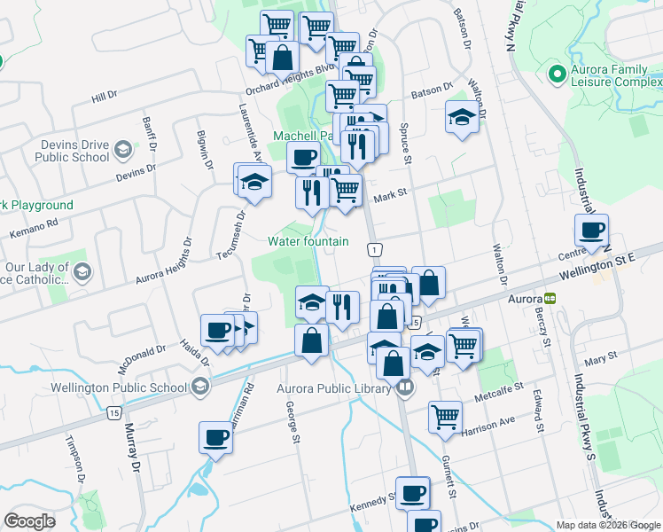 map of restaurants, bars, coffee shops, grocery stores, and more near 64 Machell Avenue in Aurora