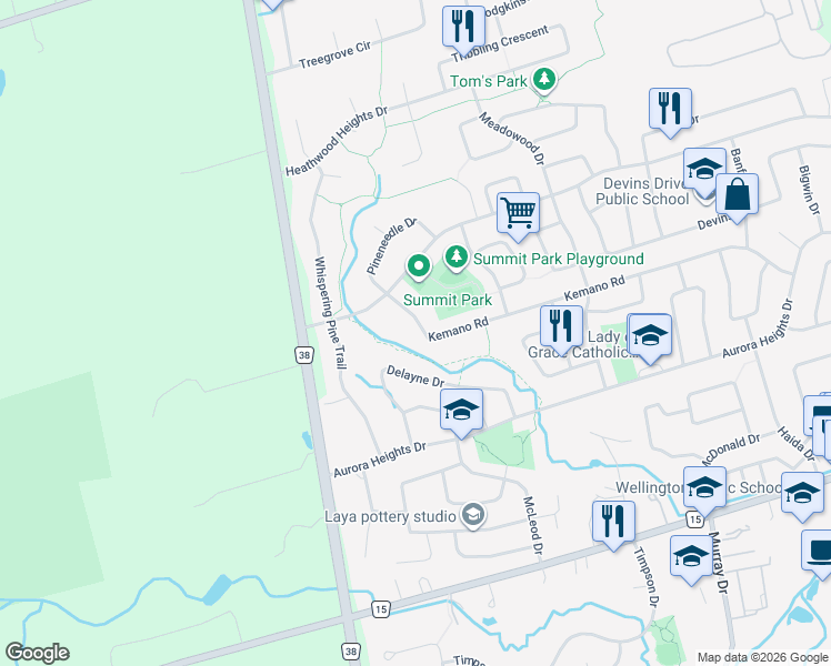 map of restaurants, bars, coffee shops, grocery stores, and more near 235 Kemano Road in Aurora