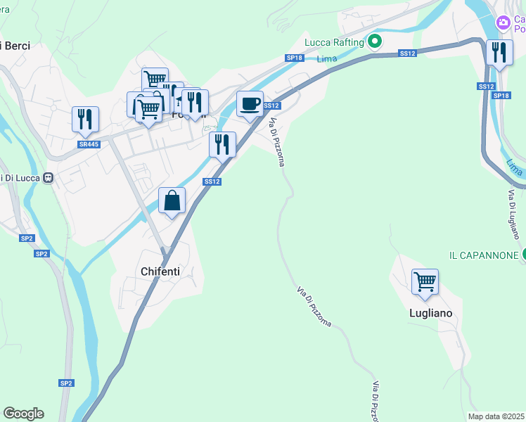 map of restaurants, bars, coffee shops, grocery stores, and more near 12 Via di Pizzorna in Provincia di Lucca