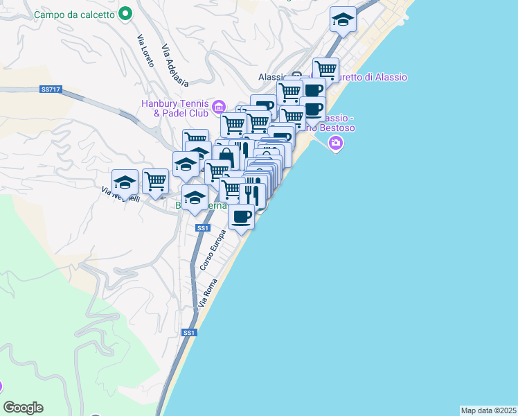 map of restaurants, bars, coffee shops, grocery stores, and more near 37 Via Brennero in Alassio