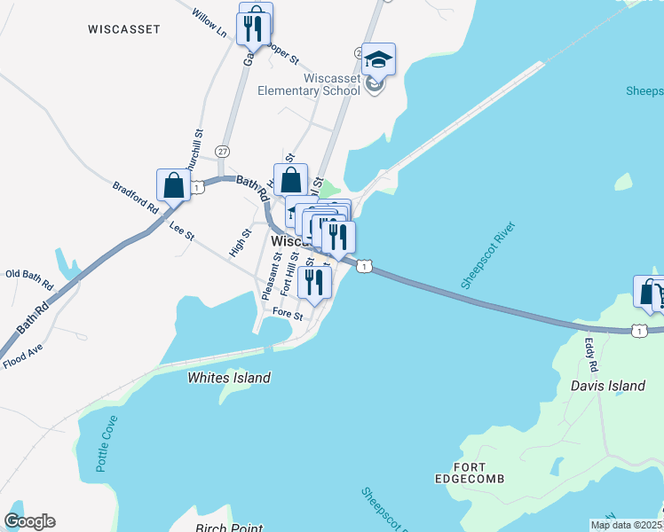 map of restaurants, bars, coffee shops, grocery stores, and more near 55 Main Street in Wiscasset