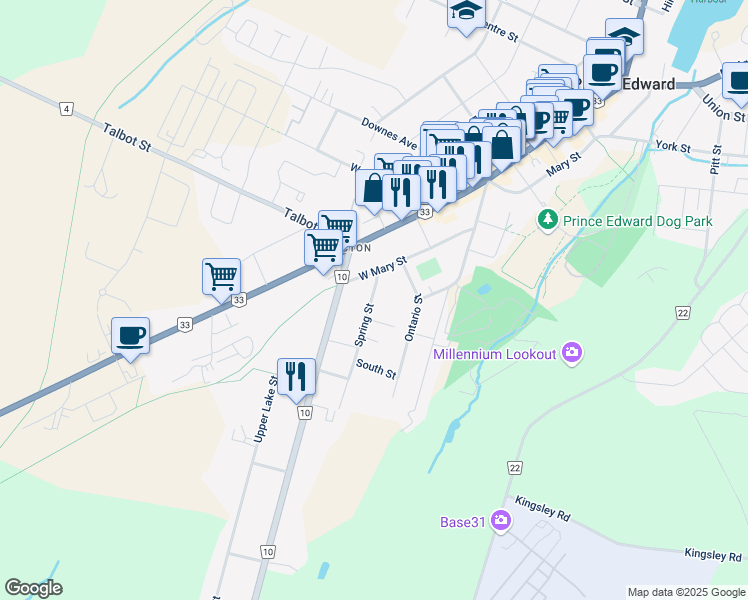 map of restaurants, bars, coffee shops, grocery stores, and more near 5 Spring Street in Prince Edward