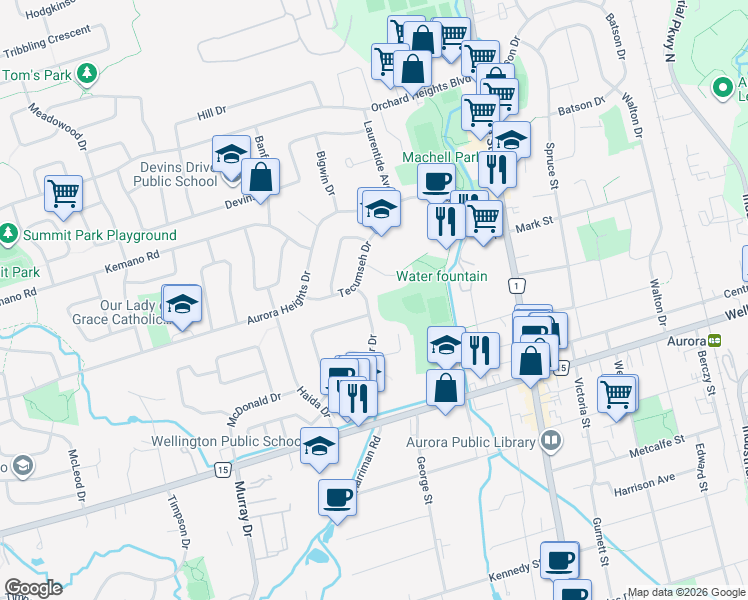 map of restaurants, bars, coffee shops, grocery stores, and more near 63 Jasper Drive in Aurora