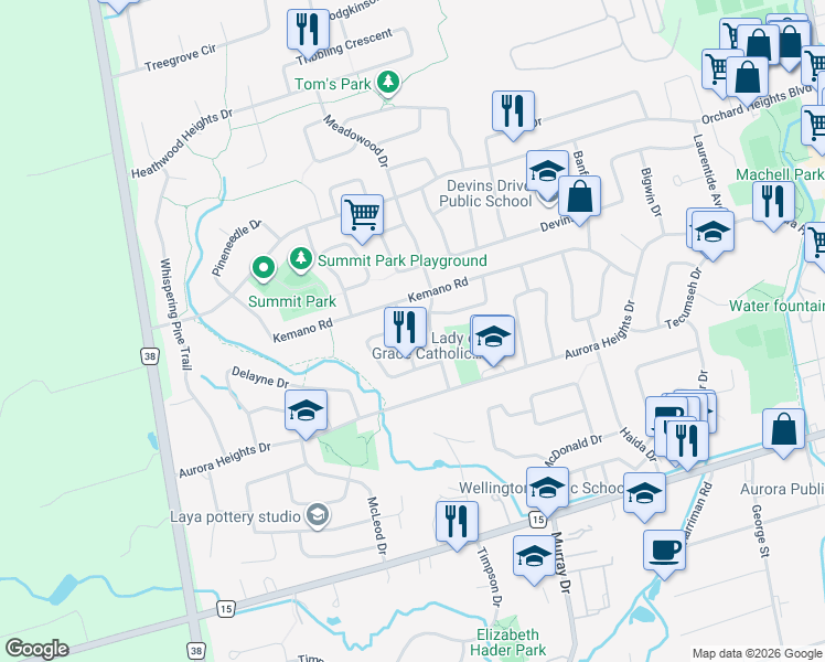 map of restaurants, bars, coffee shops, grocery stores, and more near 34 Baycroft Lane in Aurora