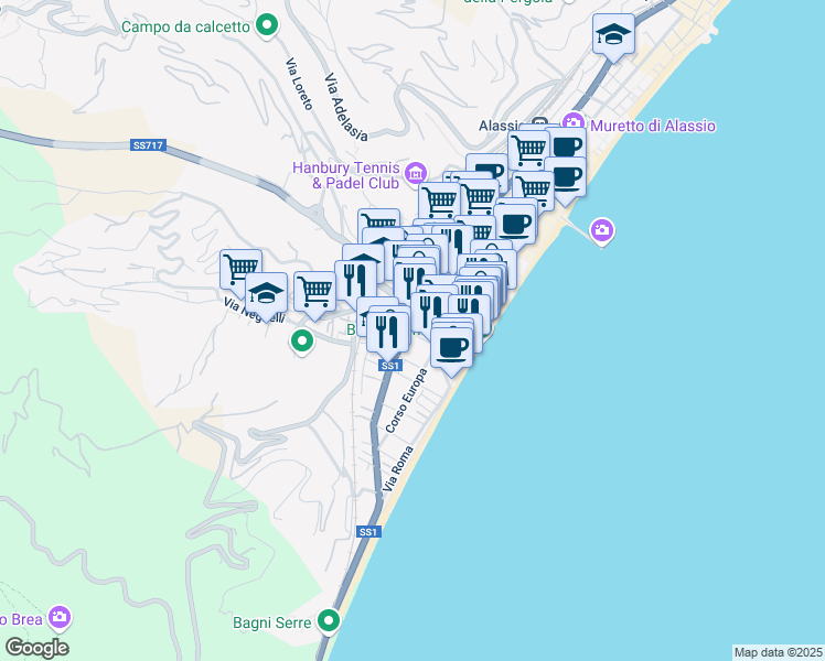 map of restaurants, bars, coffee shops, grocery stores, and more near 76 Via Paolo Ferreri in Alassio