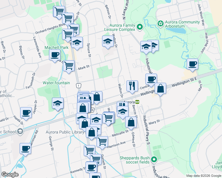 map of restaurants, bars, coffee shops, grocery stores, and more near 77 Catherine Avenue in Aurora