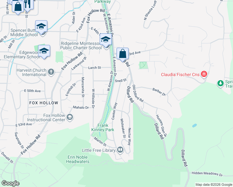 map of restaurants, bars, coffee shops, grocery stores, and more near 4733 East Amazon Drive in Eugene