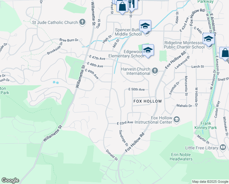 map of restaurants, bars, coffee shops, grocery stores, and more near 4960 Donald Street in Eugene