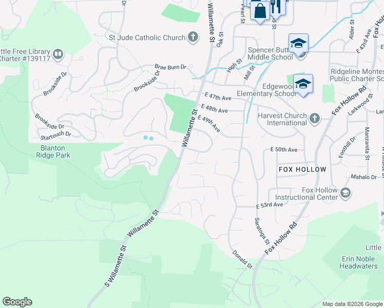 map of restaurants, bars, coffee shops, grocery stores, and more near 4995 Willamette Street in Eugene