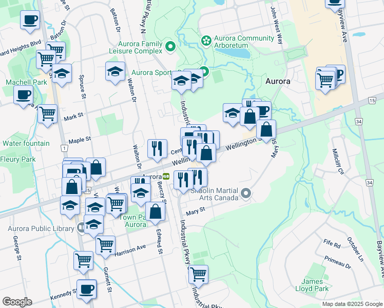 map of restaurants, bars, coffee shops, grocery stores, and more near in Aurora