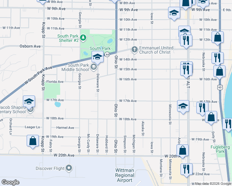 map of restaurants, bars, coffee shops, grocery stores, and more near 1655 Ohio Street in Oshkosh