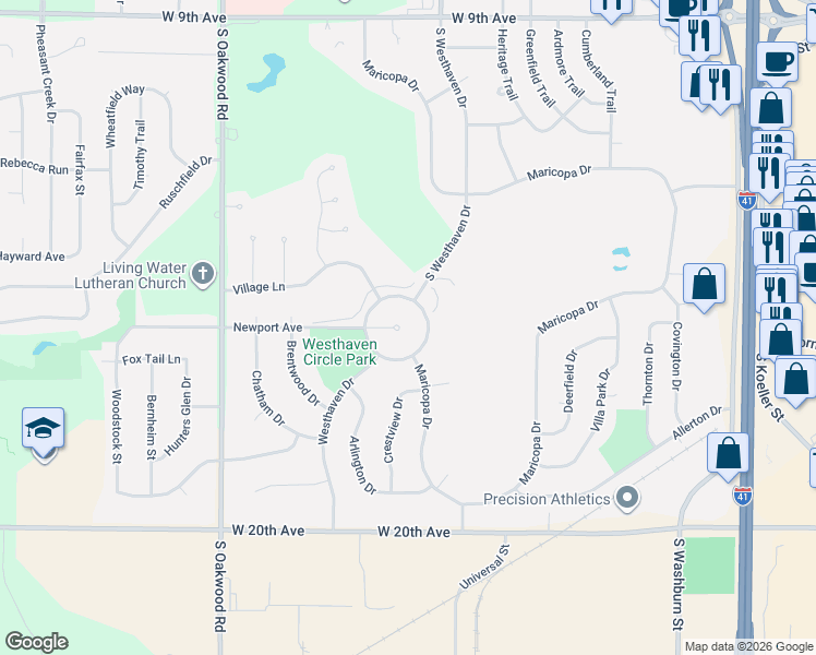 map of restaurants, bars, coffee shops, grocery stores, and more near 2450 Newport Court in Oshkosh