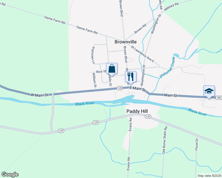 map of restaurants, bars, coffee shops, grocery stores, and more near New York 12E & Franklin Street in Brownville