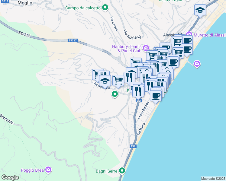 map of restaurants, bars, coffee shops, grocery stores, and more near 77 Via Privata Neghelli in Alassio
