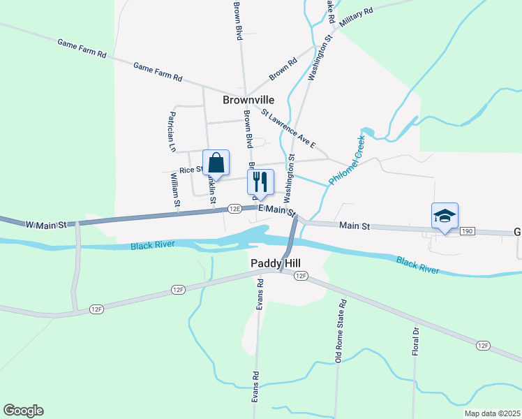map of restaurants, bars, coffee shops, grocery stores, and more near 107 East Main Street in Watertown
