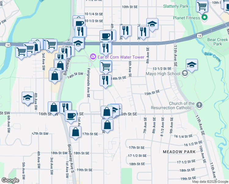 map of restaurants, bars, coffee shops, grocery stores, and more near 1441 4th Avenue Southeast in Rochester