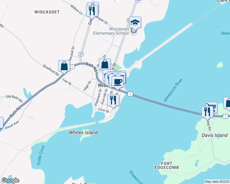 map of restaurants, bars, coffee shops, grocery stores, and more near 55 Main Street in Wiscasset