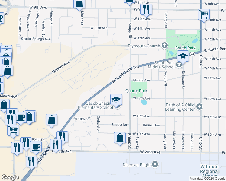 map of restaurants, bars, coffee shops, grocery stores, and more near 1051 West South Park Avenue in Oshkosh