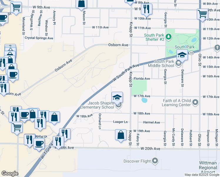 map of restaurants, bars, coffee shops, grocery stores, and more near 1147 West South Park Avenue in Oshkosh