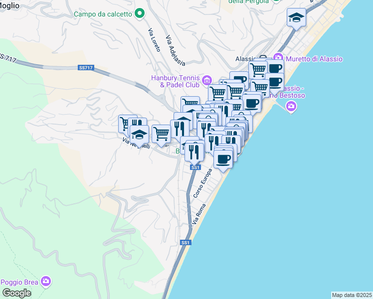 map of restaurants, bars, coffee shops, grocery stores, and more near 75 Via Paolo Ferreri in Alassio