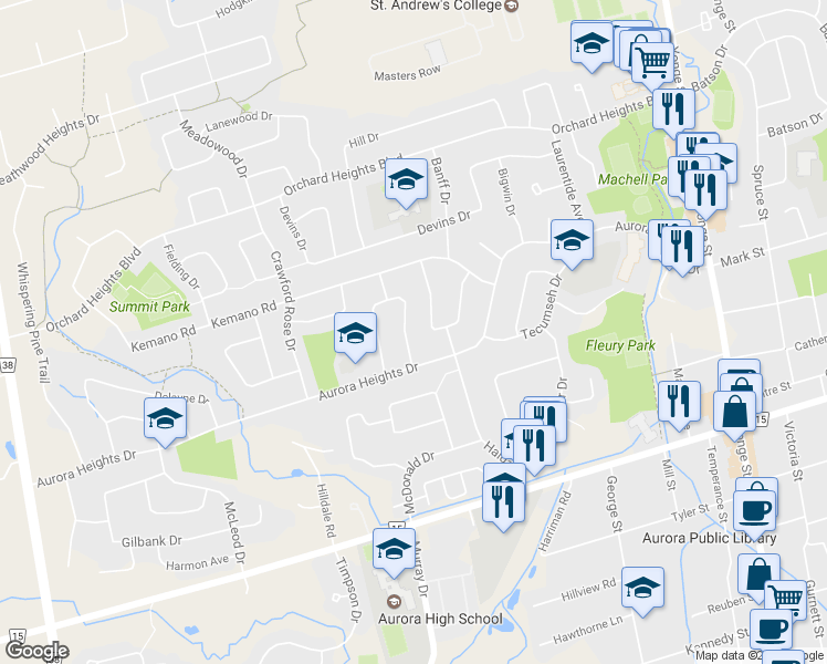 map of restaurants, bars, coffee shops, grocery stores, and more near 19 Foreht Crescent in Aurora