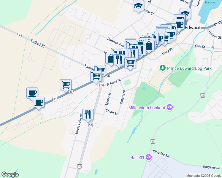 map of restaurants, bars, coffee shops, grocery stores, and more near 5 Spring Street in Prince Edward