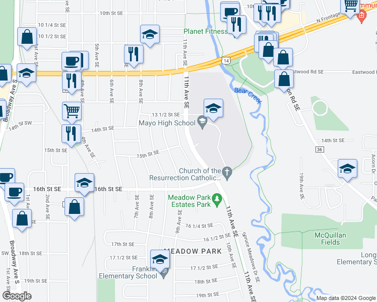 map of restaurants, bars, coffee shops, grocery stores, and more near 1518 10th Avenue Southeast in Rochester