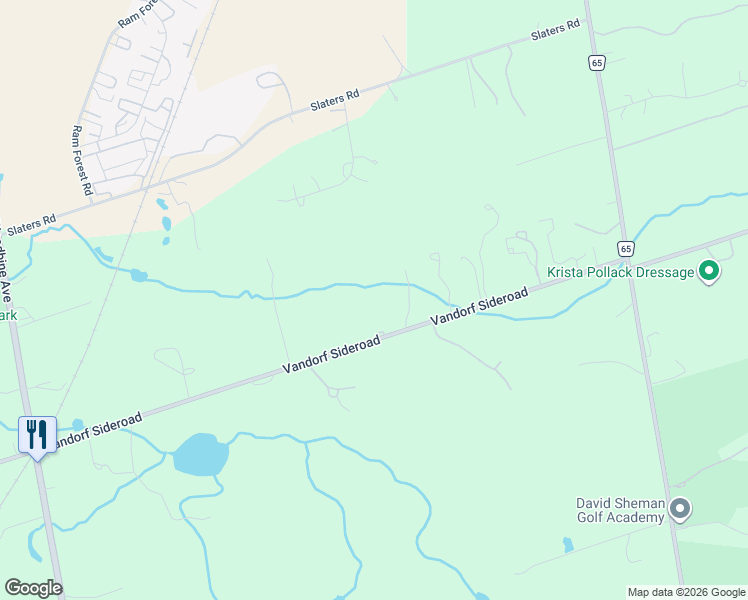 map of restaurants, bars, coffee shops, grocery stores, and more near 2692 Vandorf Sideroad in Gormley