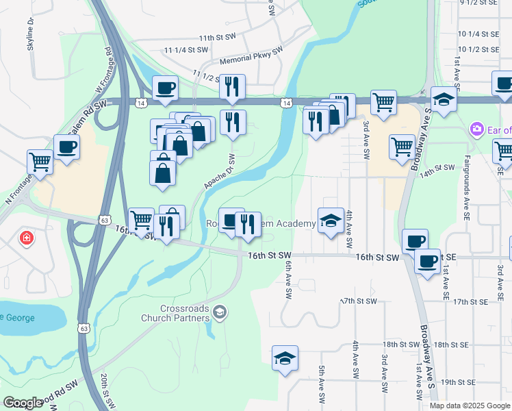 map of restaurants, bars, coffee shops, grocery stores, and more near 839 16th Street Southwest in Rochester
