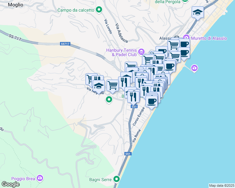 map of restaurants, bars, coffee shops, grocery stores, and more near 16 Via Neghelli in Alassio