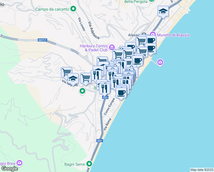map of restaurants, bars, coffee shops, grocery stores, and more near 76 Via Paolo Ferreri in Alassio