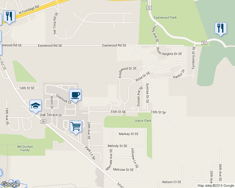 map of restaurants, bars, coffee shops, grocery stores, and more near 2737 Knollwood Drive Southeast in Rochester