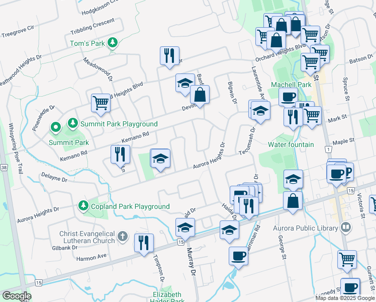 map of restaurants, bars, coffee shops, grocery stores, and more near 19 Foreht Crescent in Aurora