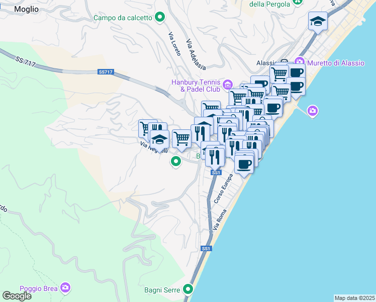 map of restaurants, bars, coffee shops, grocery stores, and more near 16 Via Neghelli in Alassio