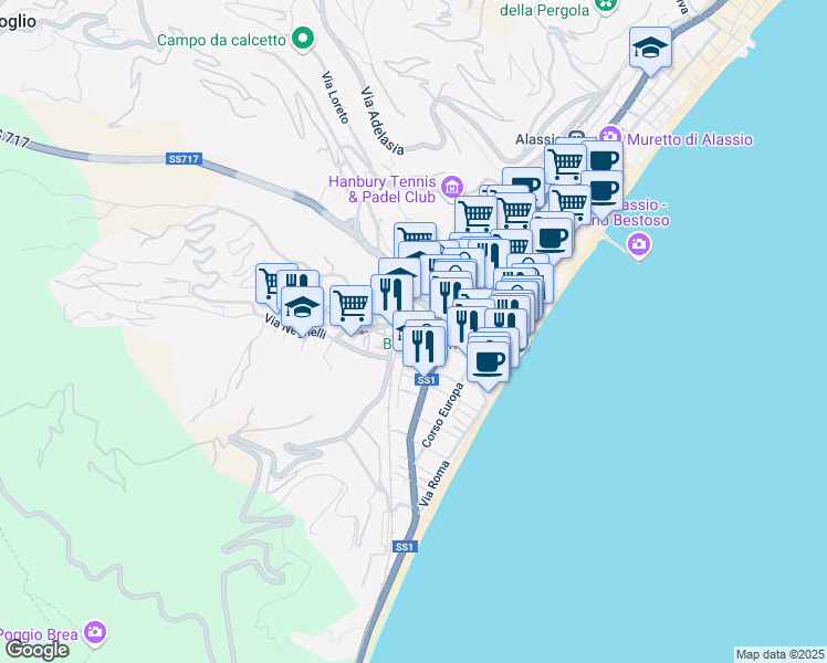 map of restaurants, bars, coffee shops, grocery stores, and more near 75 Via P. Ferreri in Alassio