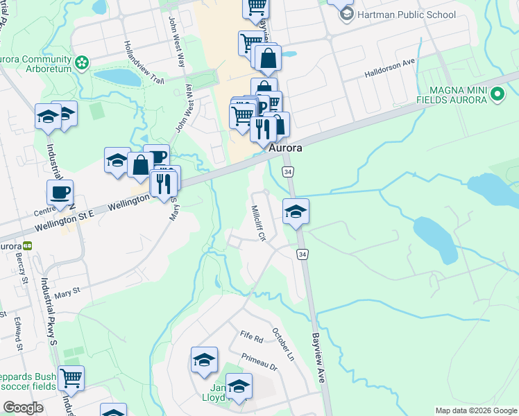 map of restaurants, bars, coffee shops, grocery stores, and more near 66 Millcliff Circle in Aurora