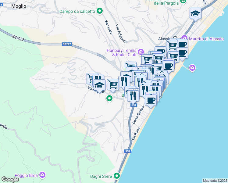 map of restaurants, bars, coffee shops, grocery stores, and more near 16 Via Neghelli in Alassio