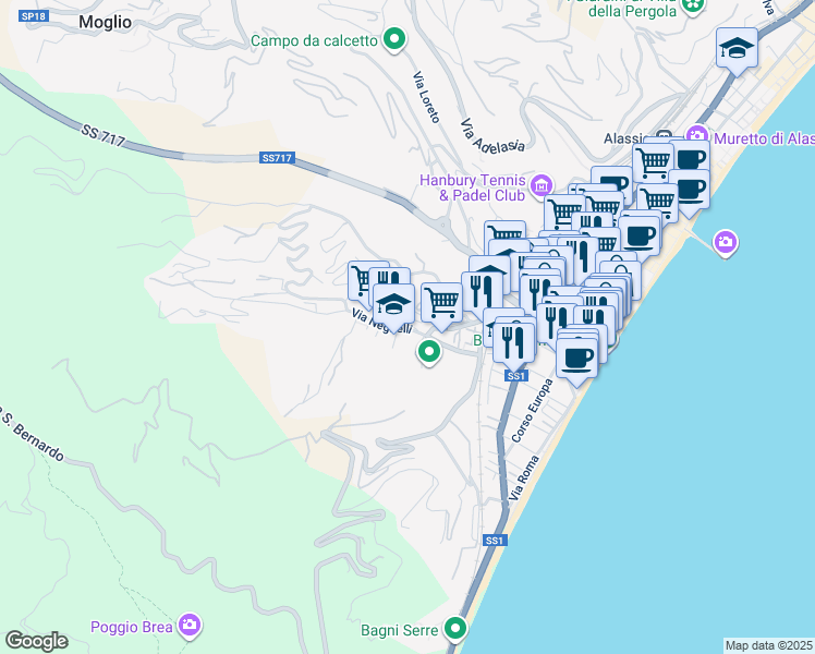 map of restaurants, bars, coffee shops, grocery stores, and more near 77 Via Privata Neghelli in Alassio