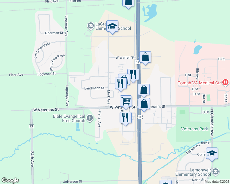 map of restaurants, bars, coffee shops, grocery stores, and more near 1123 Mark Avenue in Tomah