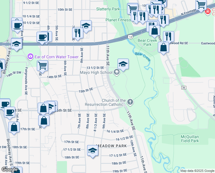 map of restaurants, bars, coffee shops, grocery stores, and more near 1518 10th Avenue Southeast in Rochester