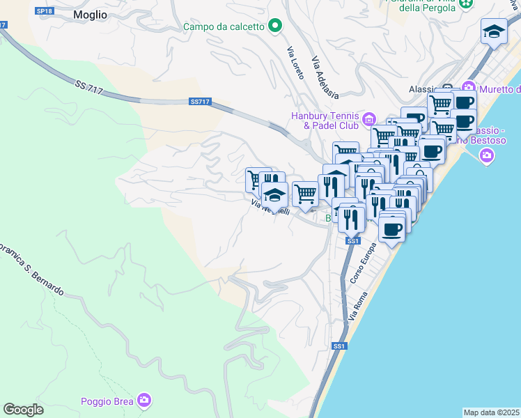 map of restaurants, bars, coffee shops, grocery stores, and more near 121 Via Neghelli in Alassio