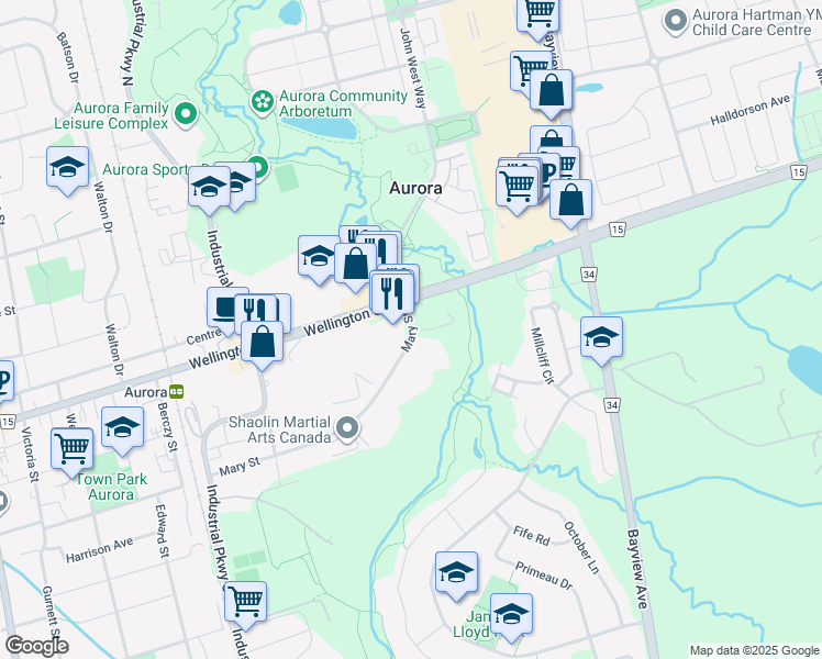 map of restaurants, bars, coffee shops, grocery stores, and more near 119 Mary Street in Aurora