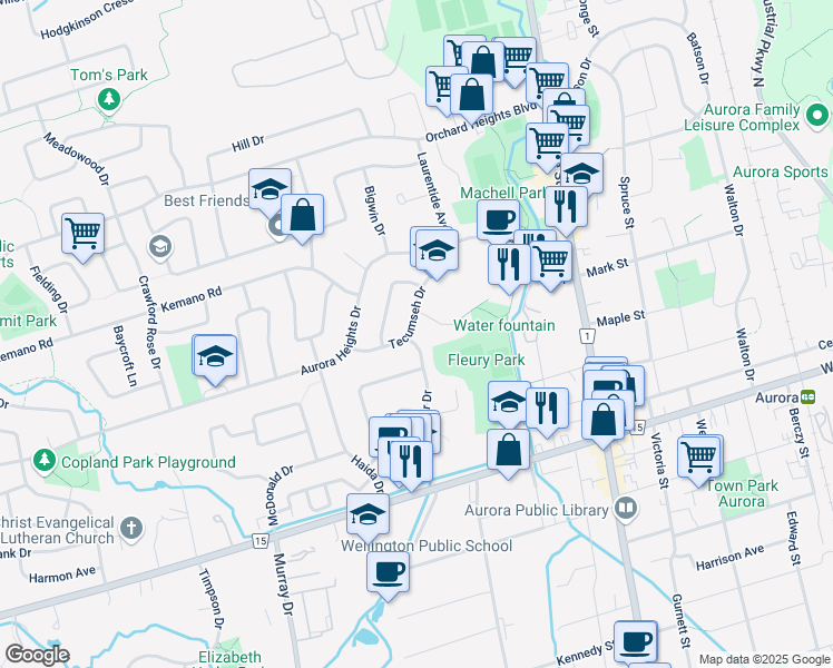 map of restaurants, bars, coffee shops, grocery stores, and more near 71 Jasper Drive in Aurora