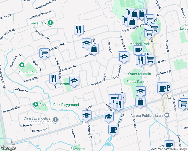 map of restaurants, bars, coffee shops, grocery stores, and more near 16 Algonquin Crescent in Aurora