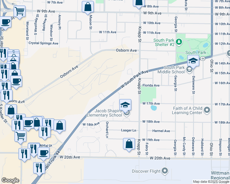 map of restaurants, bars, coffee shops, grocery stores, and more near 1147 West South Park Avenue in Oshkosh