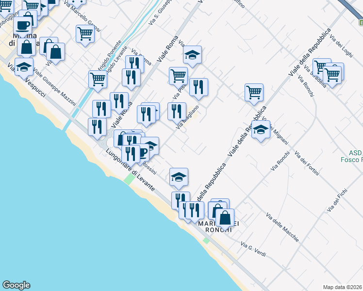 map of restaurants, bars, coffee shops, grocery stores, and more near 6 Via Montecatini in Massa