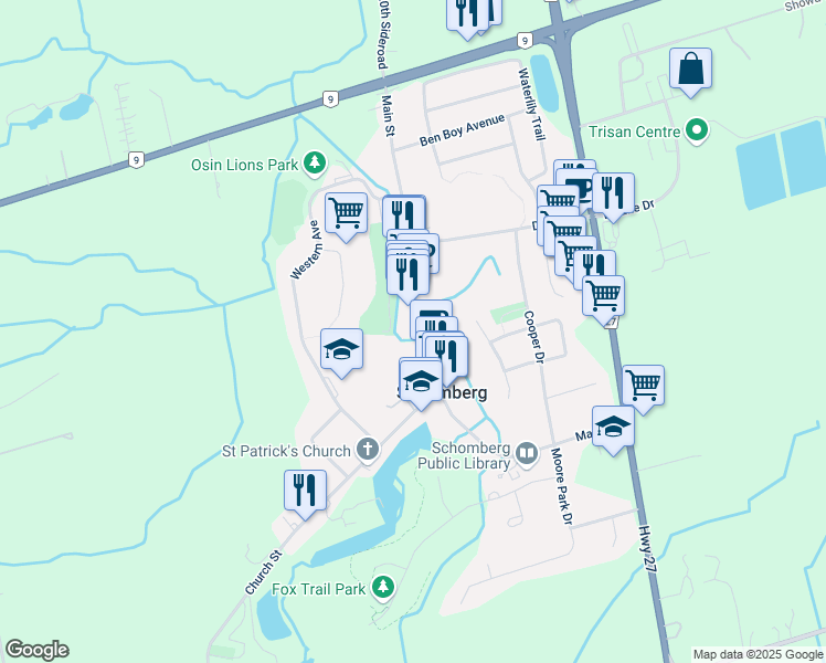 map of restaurants, bars, coffee shops, grocery stores, and more near 233 Main Street in Schomberg